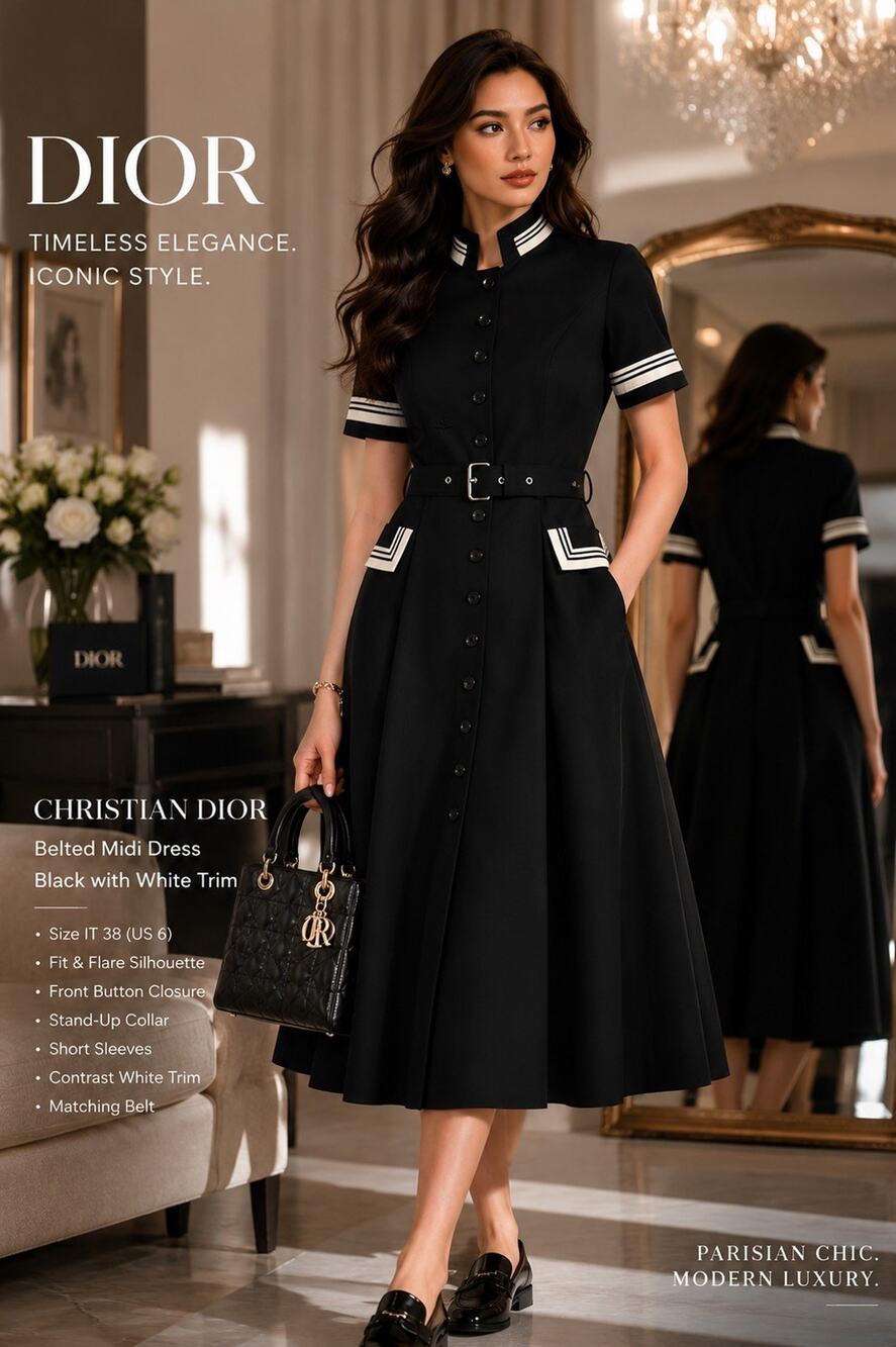 Christian Dior Black Belted Midi Dress White Trim Size 38 US 6 Elegant Chic